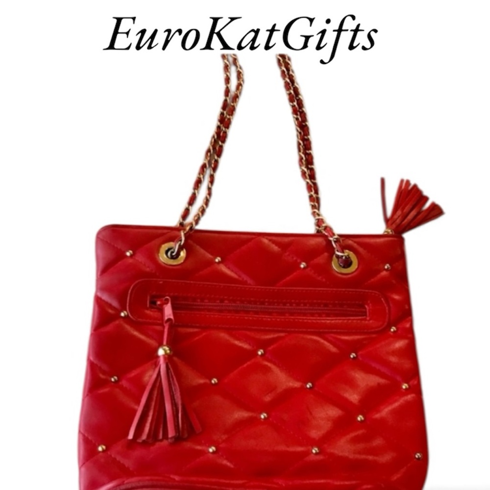 Trending Red Quilted Tassel Bag Gold Designer style Approx 10"×12"x3" Pre Loved